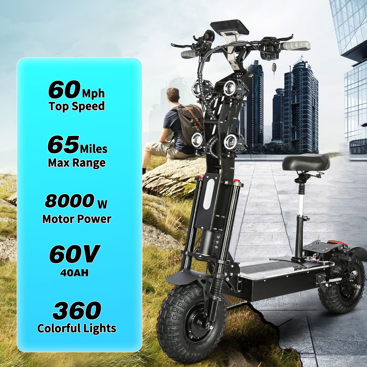 HWWH P4 Electric Scooter Adult Folding Off-road E Scooter Power 8000W Dual Motors Top Speed 60 Mph 14-inch off-road Tubeless Tire 60V 40AH Lithium Battery with a Max Range of 100KM