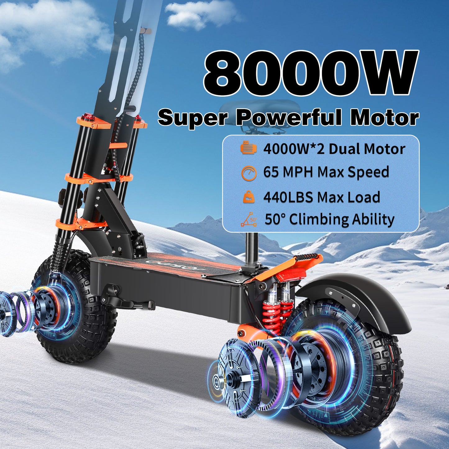 HWWH 8000W Off-road Electric Scooter Adult Super E Scooter 14 inch Super Powerful Dual Motors Double Hydraulic Suspension 60V 38.8Ah Lithium Battery