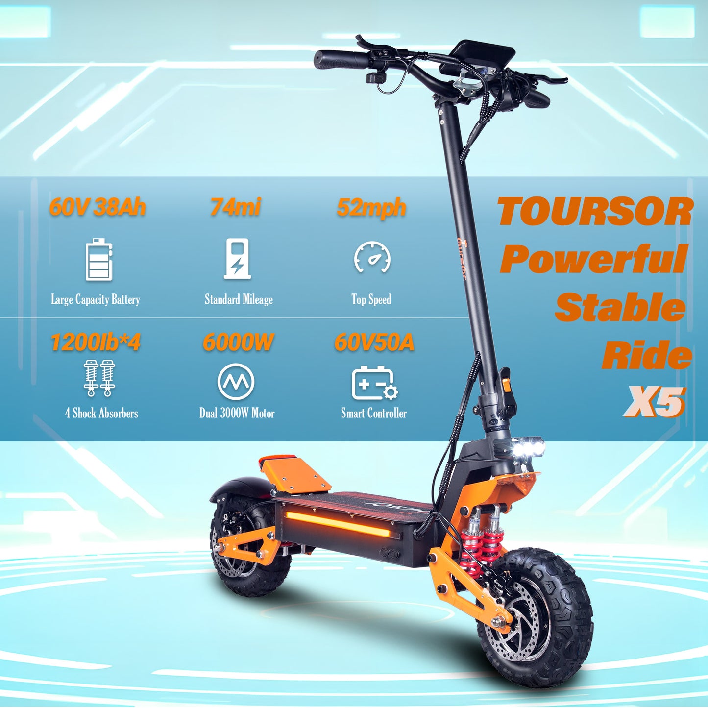 HWWH Electric Scooter Adult Scooter Dual Motor Off-Road Foldable Double Disc Dual Suspension 60V 38Ah Lithium Battery Top Speed 52mph