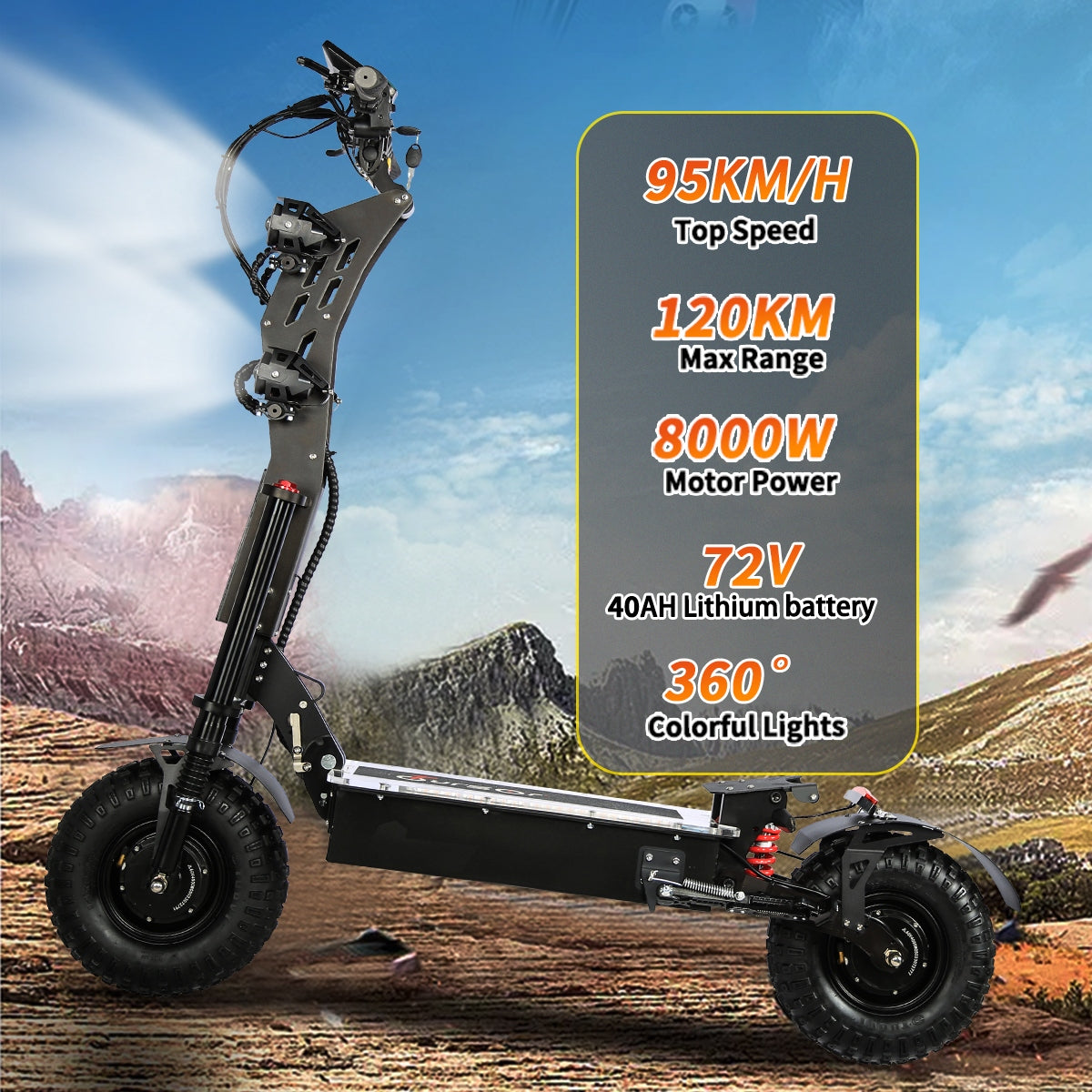 HWWH  Off-Road Electric Scooter for Adults 8000W Dual Motors  Max Speed 95km/h, 14-inch Off-Road Tubeless Tires Dual Hydraulic Suspension 72V 40AH Lithium Battery Max Battery Life 120 km